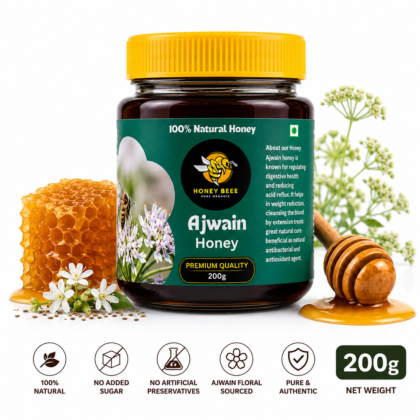 Honey Beee Ajwain Honey 500g jar on white background
