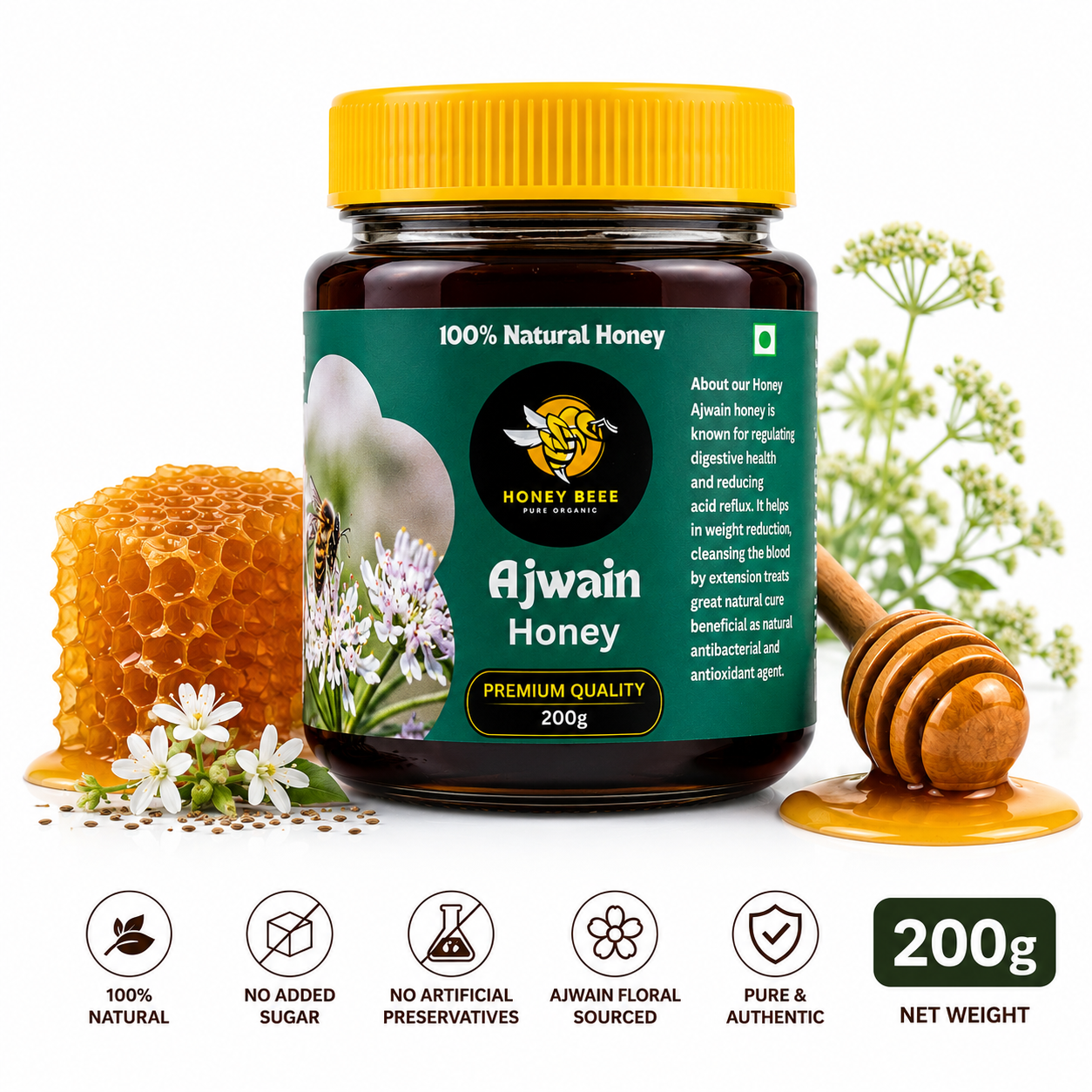 Honey Beee Ajwain Honey 500g jar on white background
